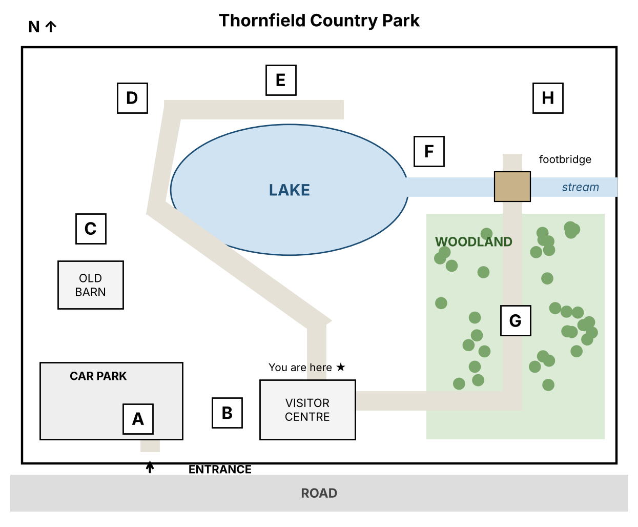 Map of Thornfield Country Park, showing the lake, woodland, stream, old barn, car park and visitor centre, with eight places labelled A to H